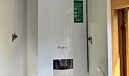 New Vaillant ecotec plus combi boiler installed in a cupboard at a home in Wandsworth by The London Plumbing Company